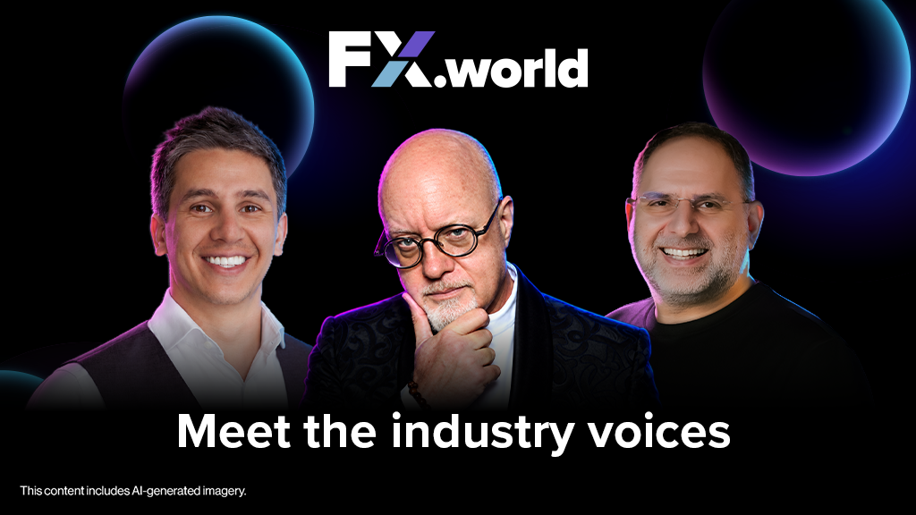 FX.world graphic with Arthur Azizov, Brett King and Avramis Despotis, left to right, and the text “Meet the industry voices”